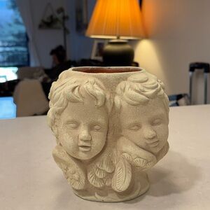 Vintage 4 Cherub Angel Faces Planter Vase, Beige Textured and rust glazed inside